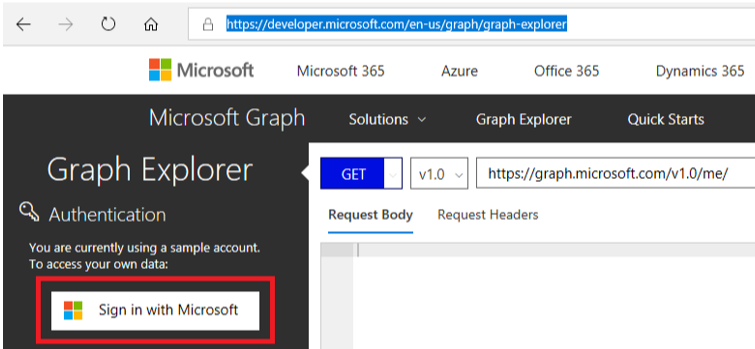 Captura de pantalla del inicio de sesión del Explorador de Microsoft Graph.