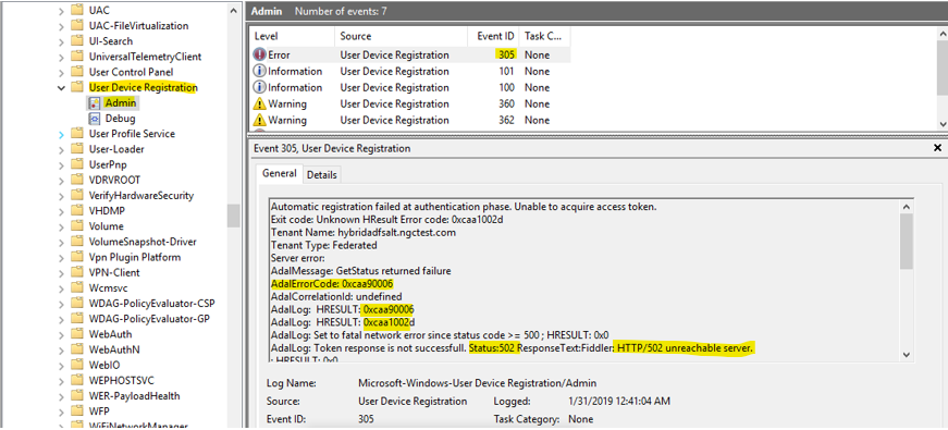 Captura de pantalla del Visor de eventos, con el identificador de evento 305 seleccionado, su información mostrada y los código de error ADAL y el estado resaltados.