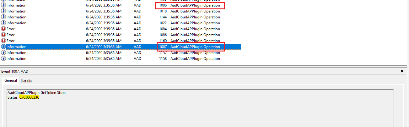 Captura de pantalla del Visor de eventos, con los identificadores de evento 1006 y 1007 seleccionados y el código de error final resaltado.