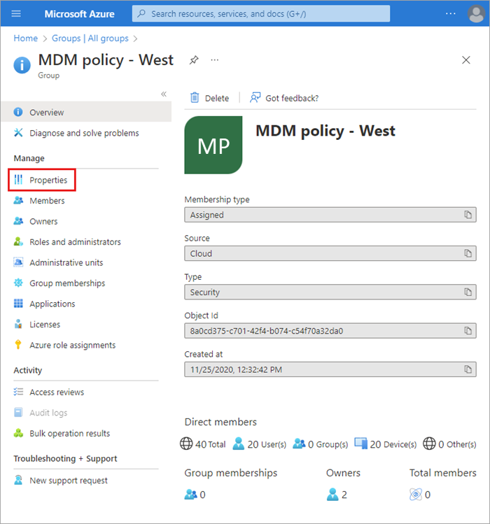 Captura de pantalla de la página de información general de MDM policy – West con información del miembro.