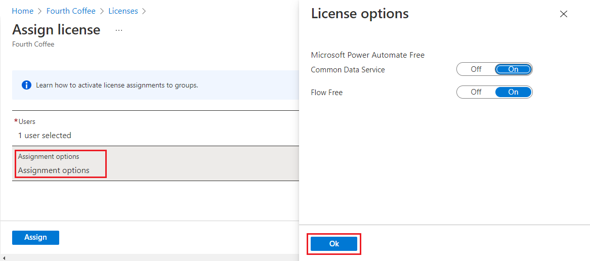 Captura de pantalla de la página opción Licencia, con todas las opciones disponibles en el plan de licencia.