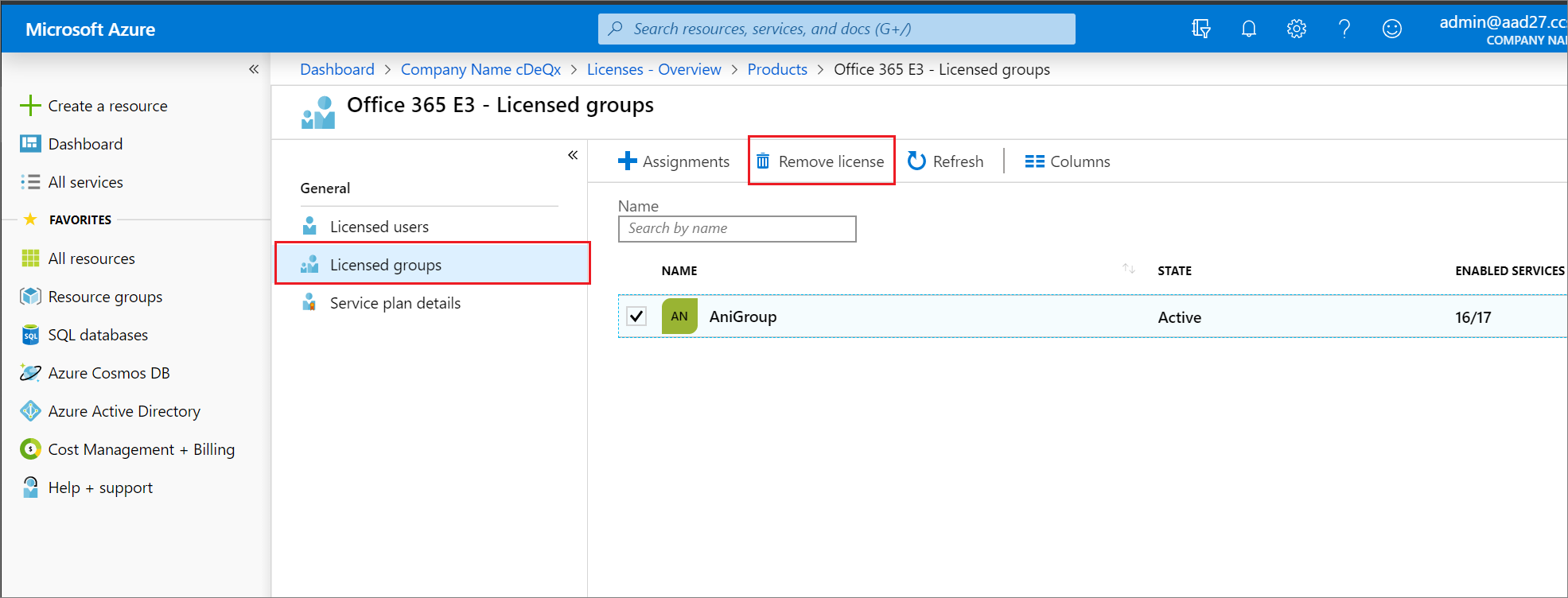 Captura de pantalla de la página Grupos con licencia con la opción Quitar licencia 2 resaltada.