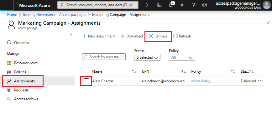 Assignments - Remove user from access package