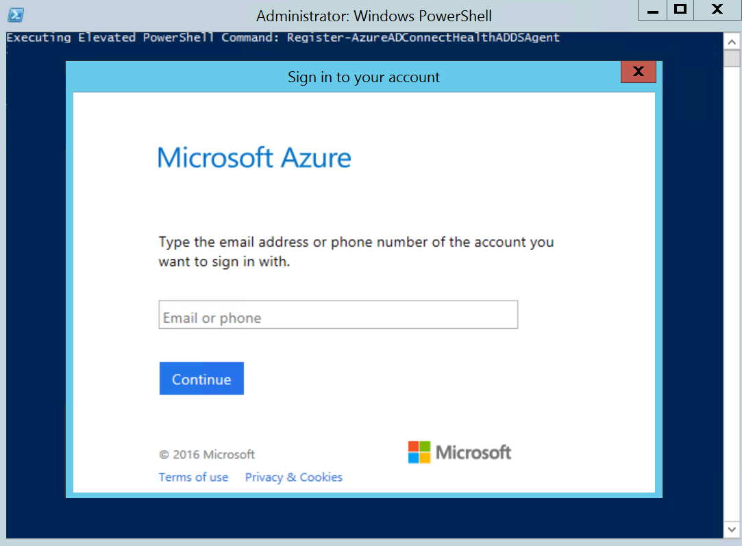 Screenshot showing the sign-in window for the Azure AD Connect Health agent for Azure AD DS.