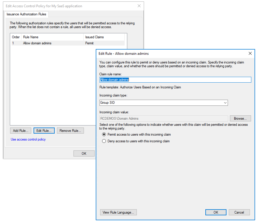 Captura de pantalla que muestra el cuadro de diálogo Editar regla para la regla de notificaciones para permitir administradores de dominio.