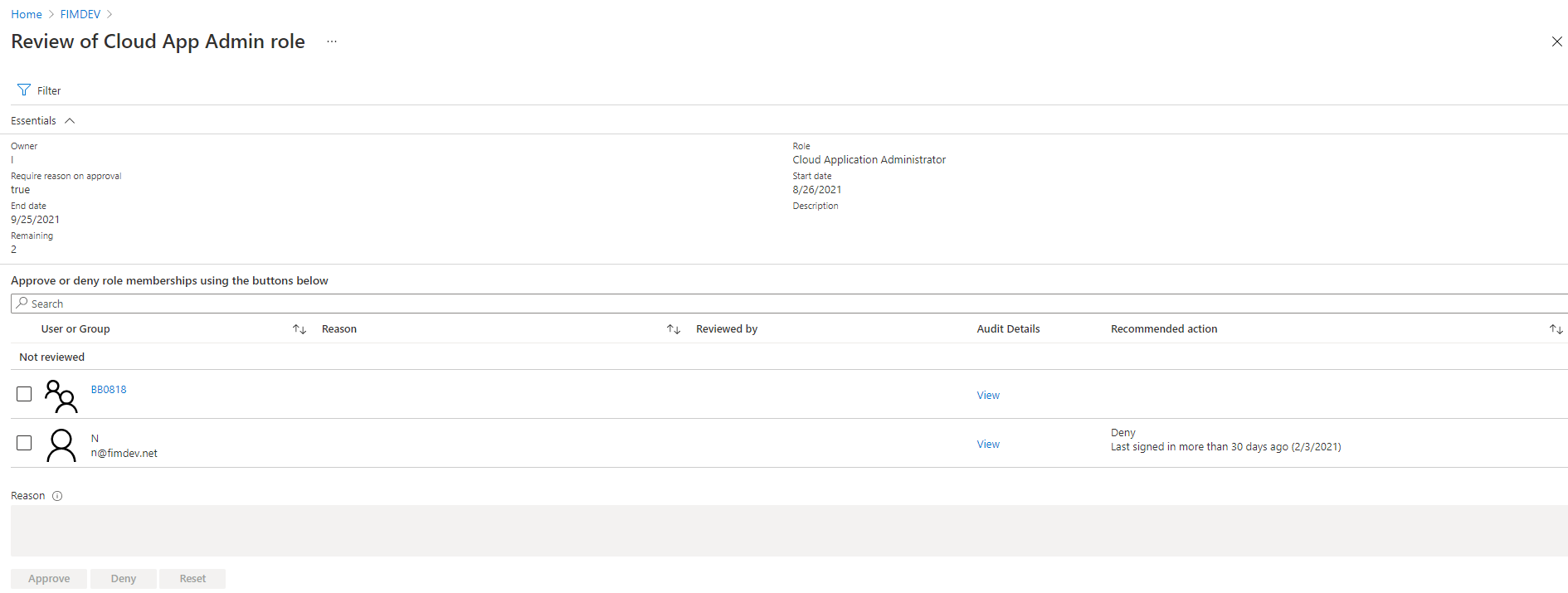 Screenshot of Privileged Identity Management application, with the selected Access Review for Azure AD roles.