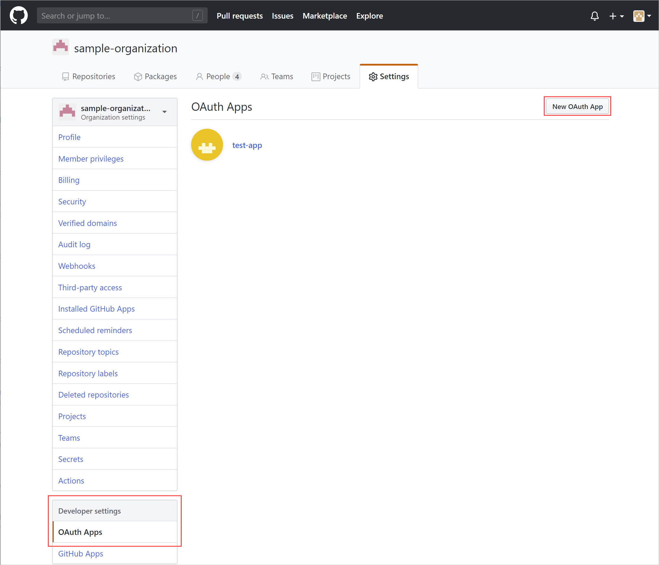 Captura de pantalla que muestra cómo crear una aplicación de OAuth.