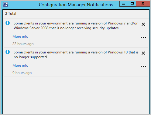 Captura de pantalla de las notificaciones en la consola de los sistemas operativos más allá de la fecha de finalización del soporte técnico