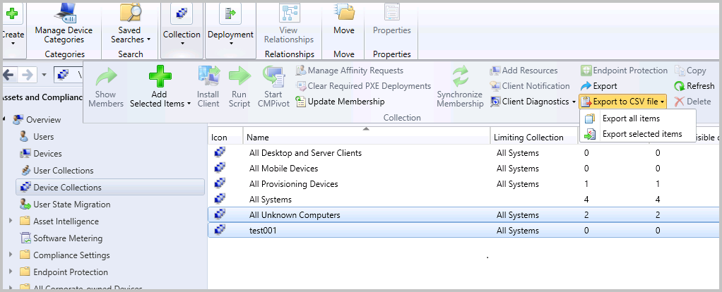Captura de pantalla de la opción exportar a csv en la cinta de opciones del nodo recopilaciones de dispositivos.