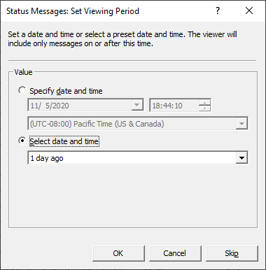 Captura de pantalla de mensajes de estado: ventana Establecer período de visualización