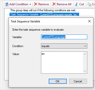Captura de pantalla de la condición de ejemplo en el paso Aplicar sistema operativo