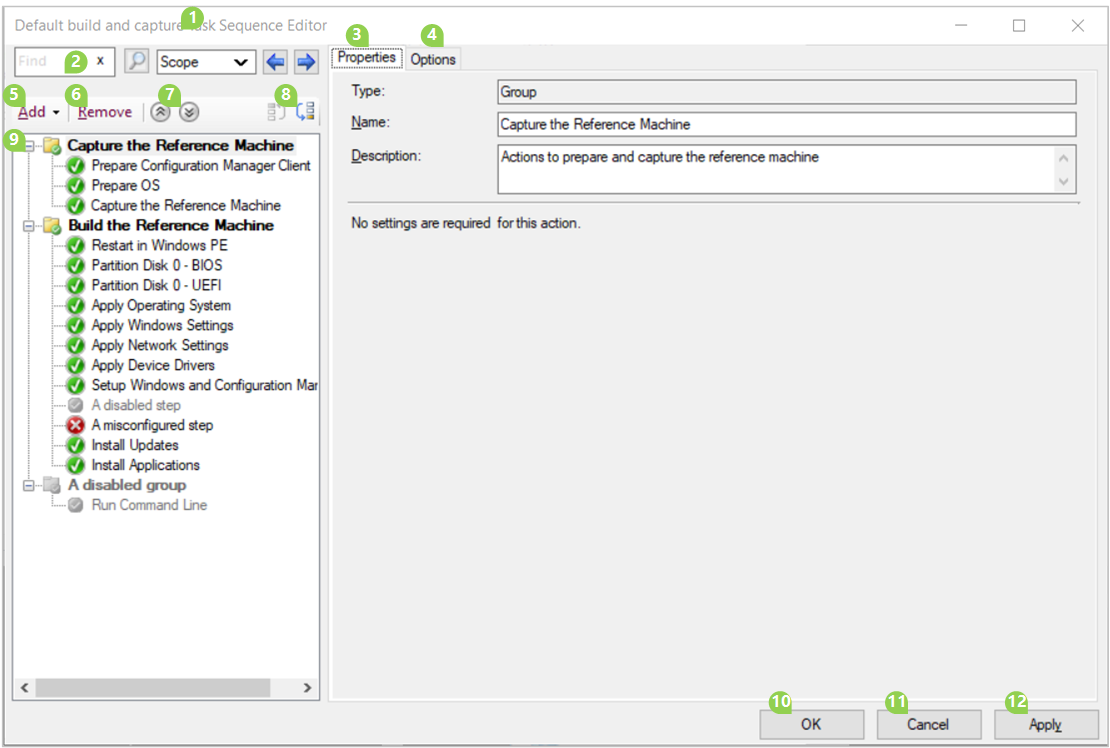 Captura de pantalla anotada de la ventana del editor de secuencia de tareas de ejemplo.