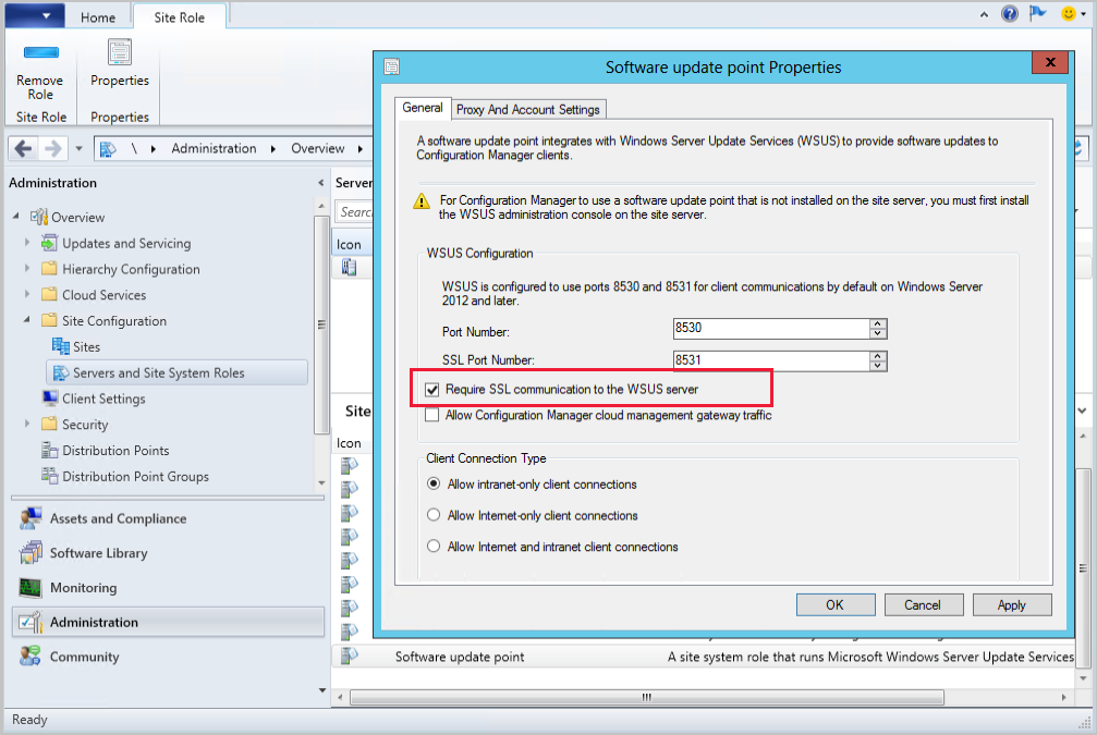 Propiedades de SUP que muestran la opción Requerir comunicación SSL con el servidor WSUS
