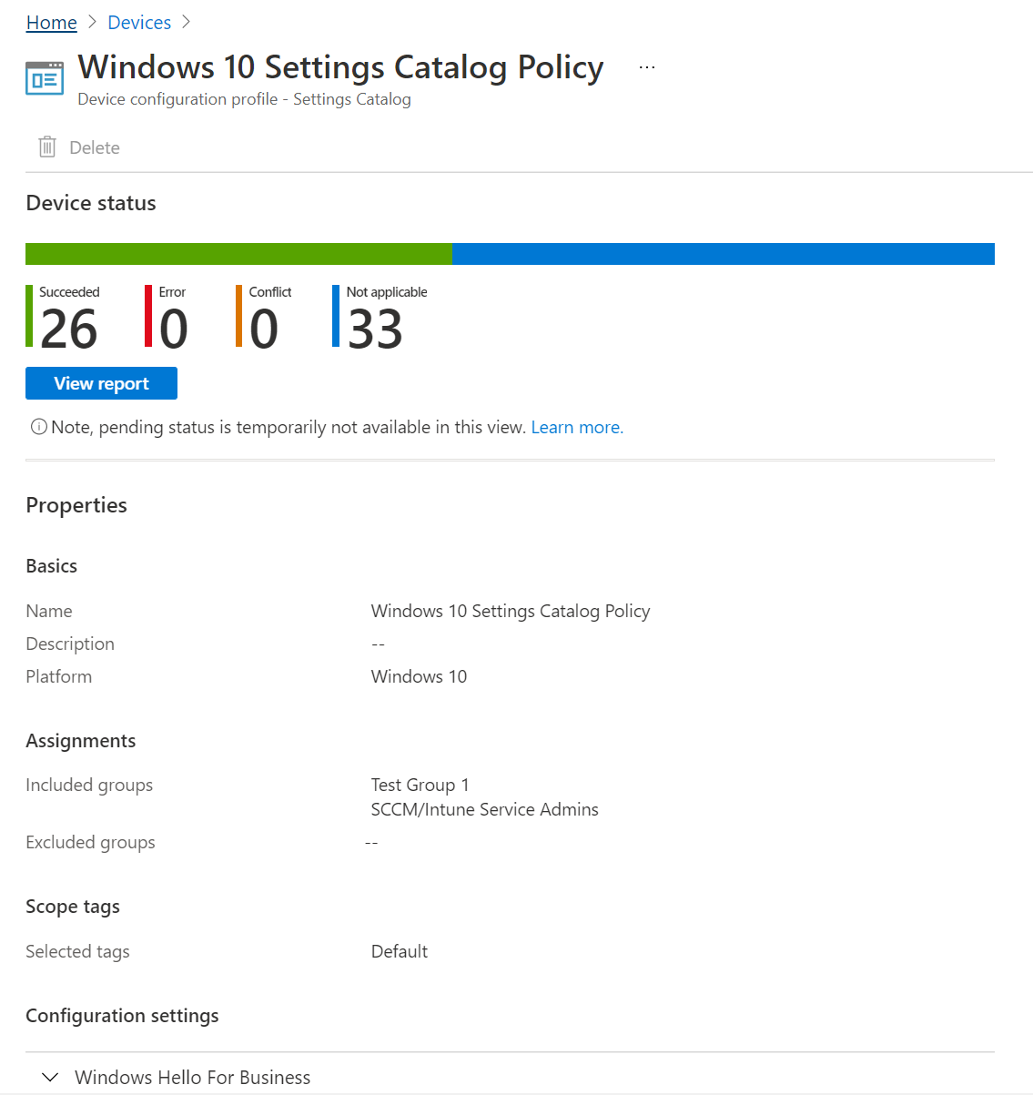 Captura de pantalla que muestra cómo seleccionar la directiva de catálogo de configuración para ver el estado del dispositivo, el estado de la directiva y las propiedades en Microsoft Intune y Intune centro de administración.