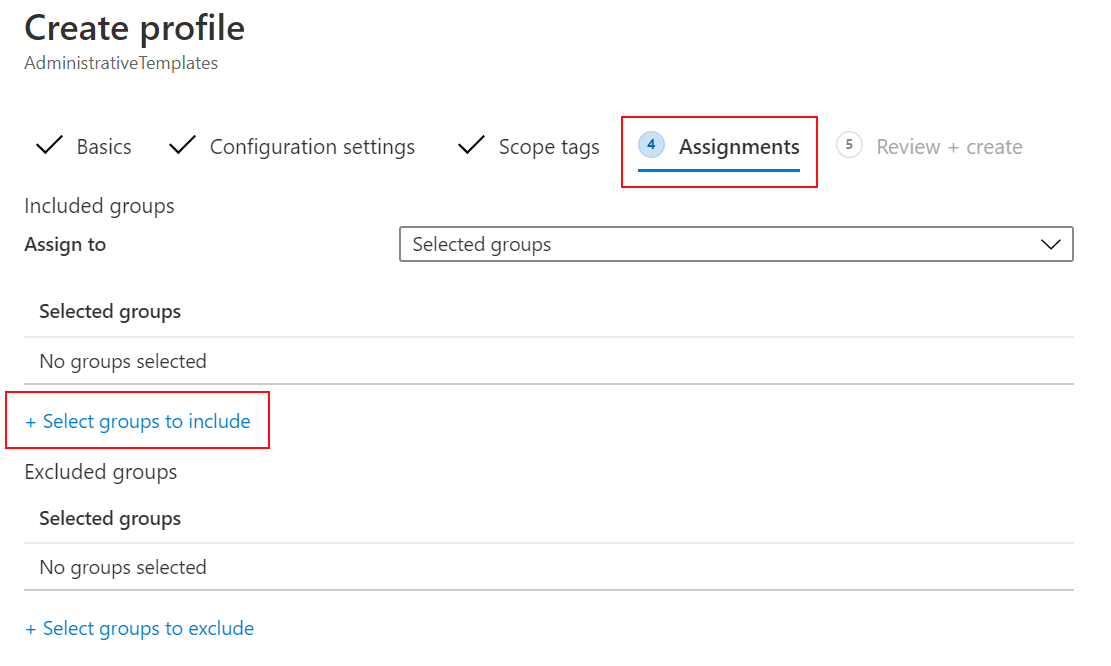 Captura de pantalla que muestra cómo seleccionar el perfil de plantilla administrativa en la lista Perfiles de configuración de dispositivos de Microsoft Intune.