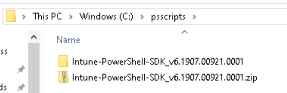 Captura de pantalla que muestra la estructura de carpetas del SDK de PowerShell Intune después de extraerla.