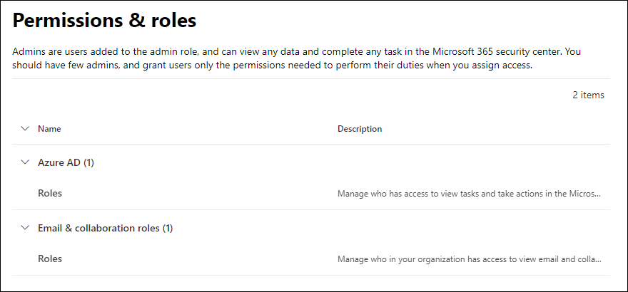 Página Permisos y roles en el portal de Microsoft 365 Defender.