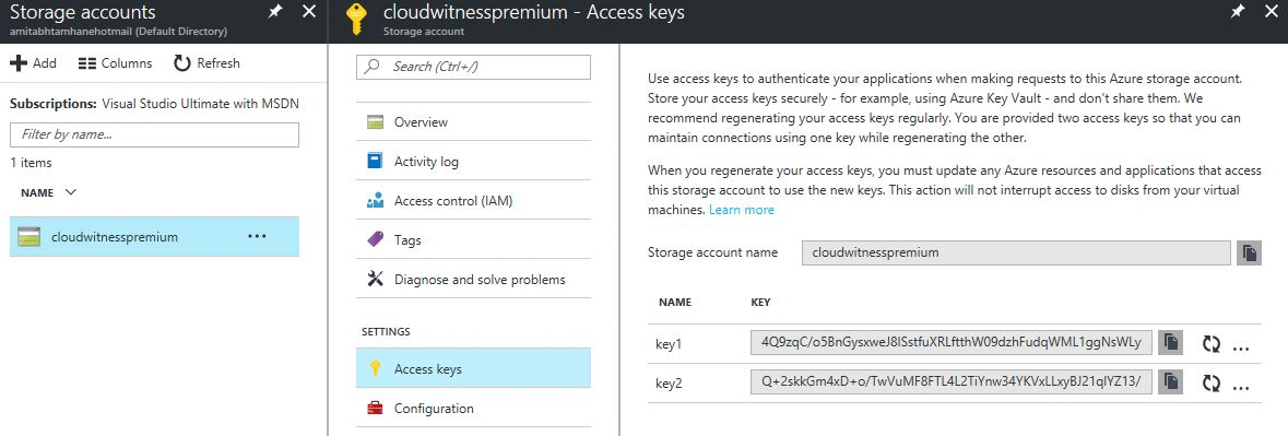 Snapshot of the Manage Access Keys dialog in Microsoft Azure