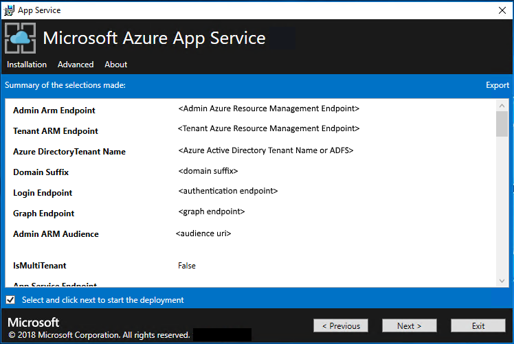 Captura de pantalla que muestra el resumen de las opciones especificadas para su implementación por el instalador de App Service