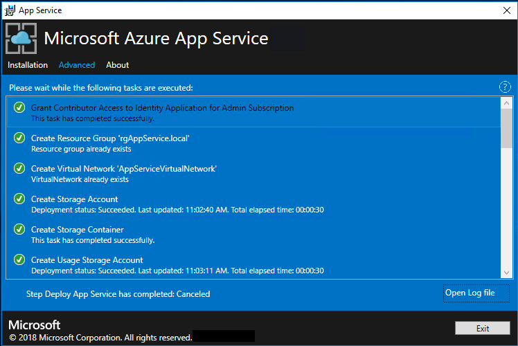 Captura de pantalla que muestra el progreso de la implementación realizada en el instalador de App Service