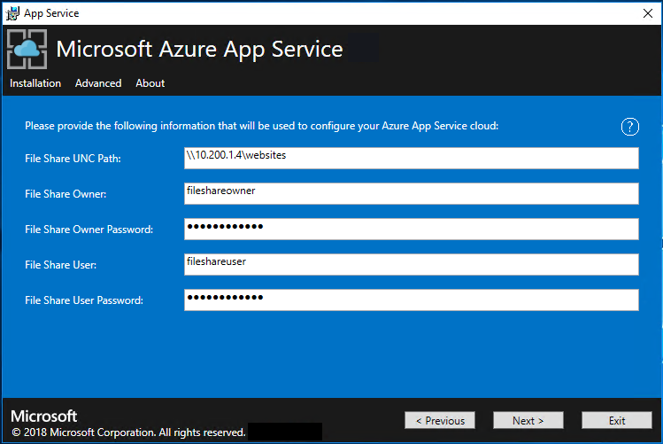 Captura de pantalla que muestra la pantalla en la que se configuran las rutas de acceso y credenciales del servidor de archivos en el instalador de App Service