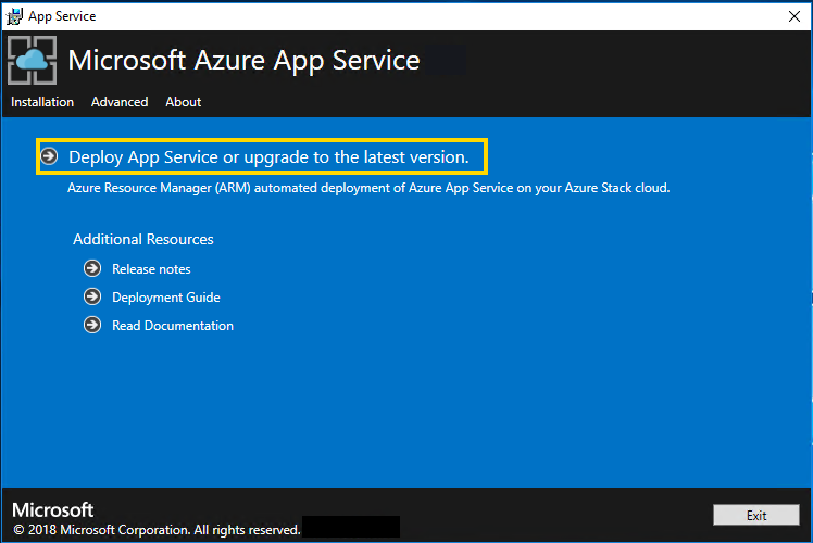 Captura de la pantalla principal del instalador de Azure App Service.