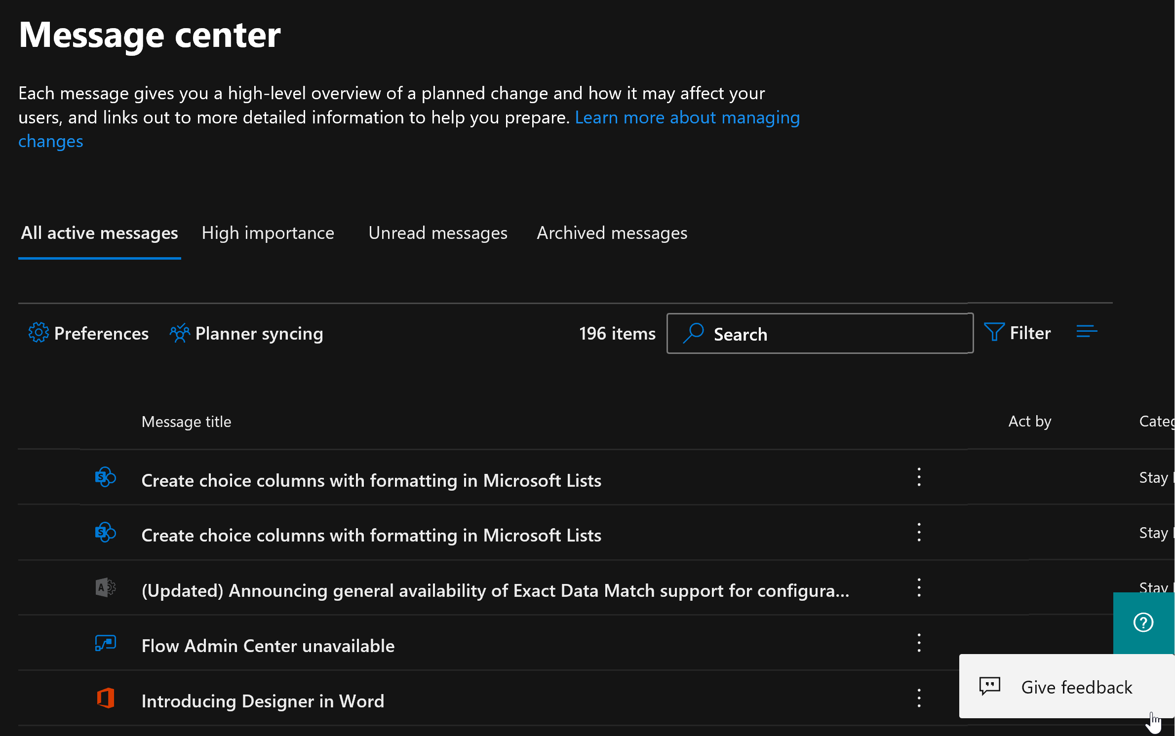 Captura de pantalla de la página de configuración del Centro de mensajes.