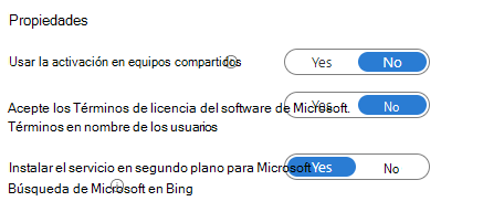 En la sección Propiedades se muestra el botón de alternancia de Microsoft Search en Bing.