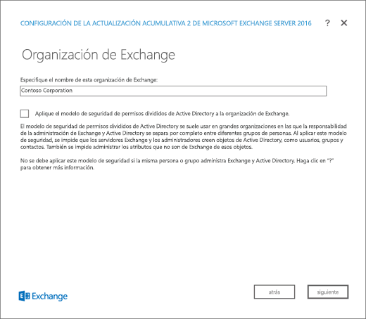 Instalación de Exchange: página de organización de Exchange.