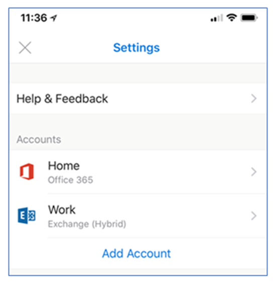 Ejemplo de una cuenta de Outlook para iOS y Android configurada para la autenticación moderna híbrida.