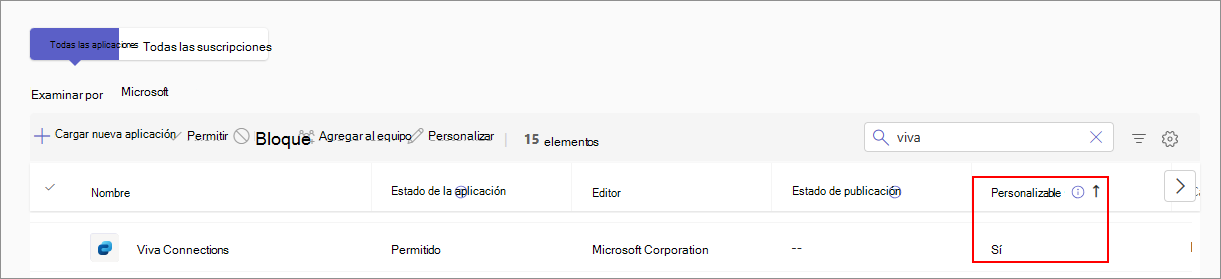 La captura de pantalla muestra que la columna personalizable del centro de administración le ayuda a comprobar si una aplicación se puede personalizar o no.