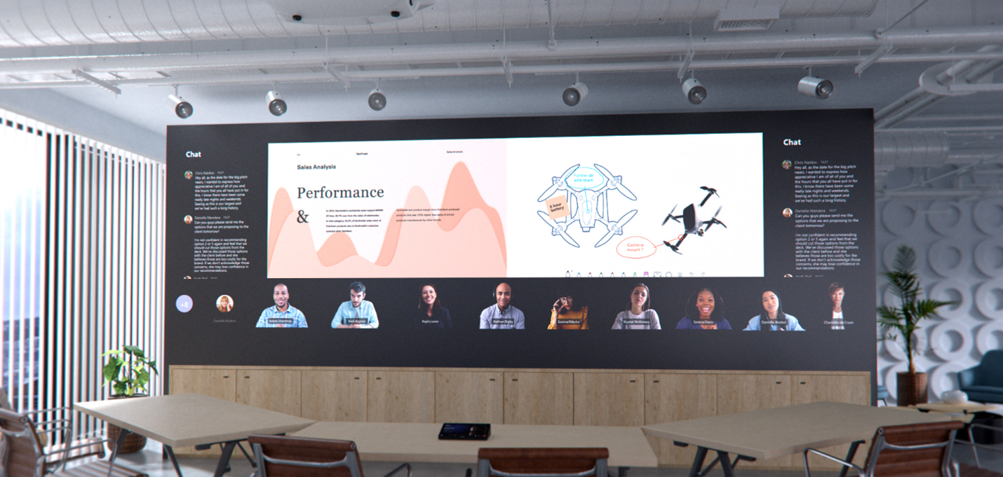 Representación de tecnología futura que muestra a los asistentes remotos en una sala física.