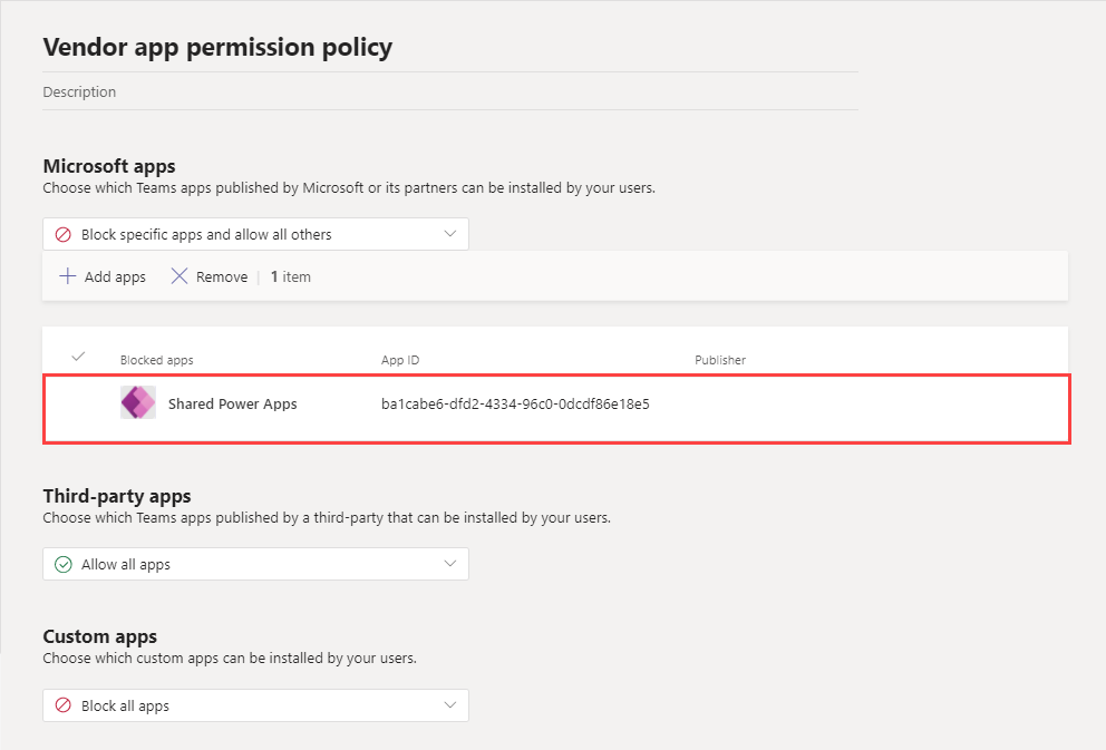 Captura de pantalla de la directiva personalizada de ejemplo para permisos de aplicaciones con Power Apps compartidas bloqueadas.