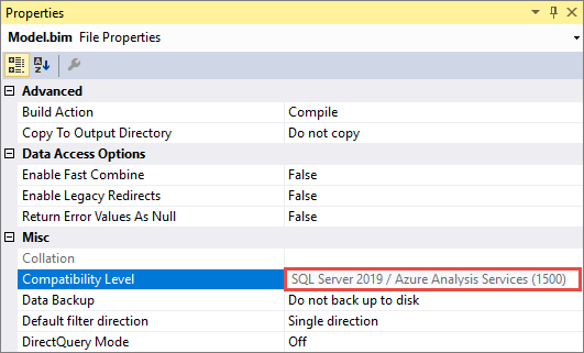 Captura de pantalla del ventana Propiedades con la opción Nivel de compatibilidad resaltada y su configuración de SQL Server 2019 /Azure Analysis Services (1500) resaltada.
