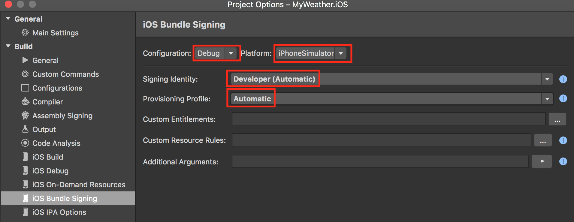 Deshabilitación de la firma para la configuración de depuración en la aplicación de Xamarin.iOS