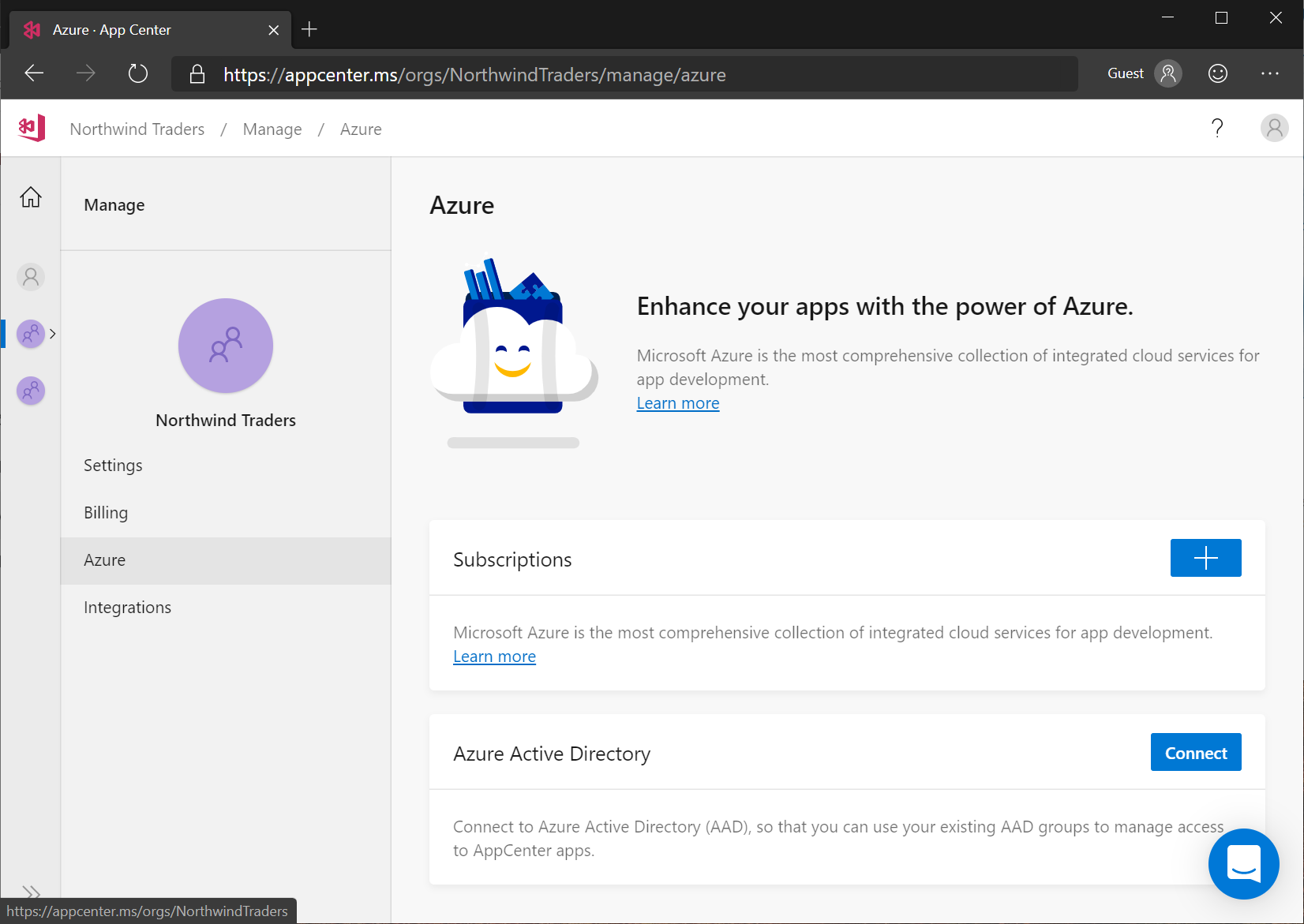 App Center: administración de la conexión de la organización a Azure
