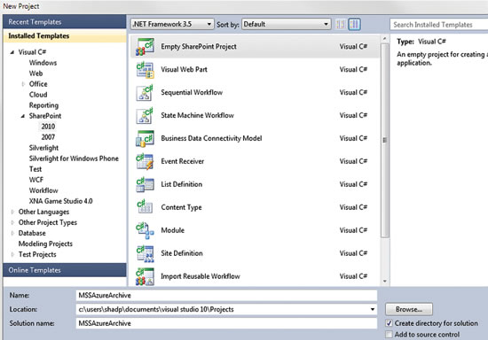 image: Project Selection in Visual Studio 2010