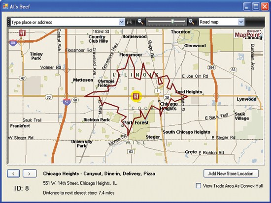 image: The Al’s Beef App, Showing the Chicago Heights Store and Territory as Defined in the Database