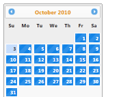 Screenshot shows an October 2010 calendar in the Excite Bike theme.
