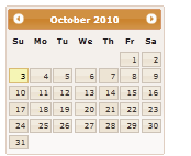 Screenshot of a j Query UI 1 point 11 point 4 Calendar with the Humanity theme.