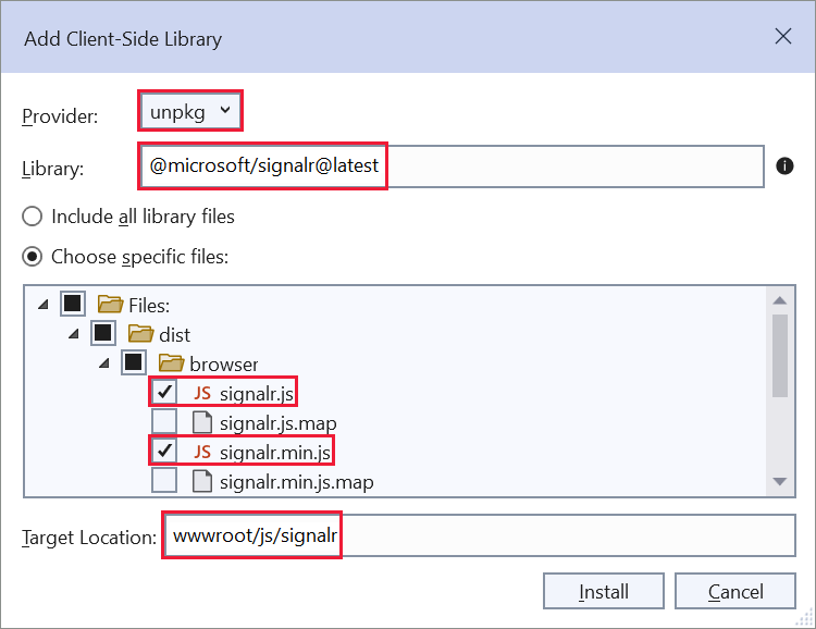 Cuadro de diálogo Add Client-Side Library (Agregar biblioteca del lado cliente): selección de la biblioteca