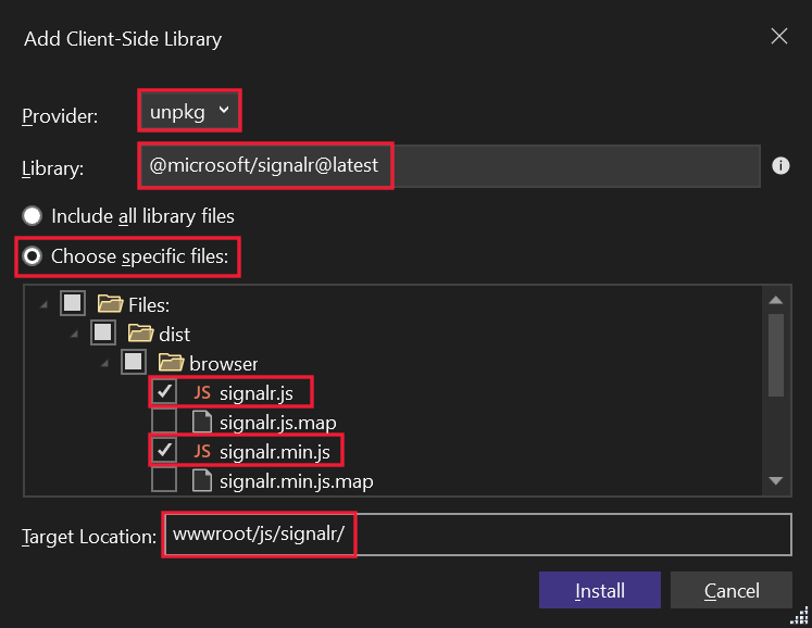 Cuadro de diálogo Add Client-Side Library (Agregar biblioteca del lado cliente): selección de la biblioteca