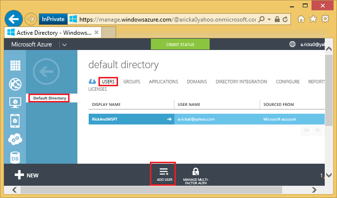 Screenshot of Azure Management Portal, with Default Directory outlined and selected at left, USERS outlined at right, and ADD USER outlined in footer.