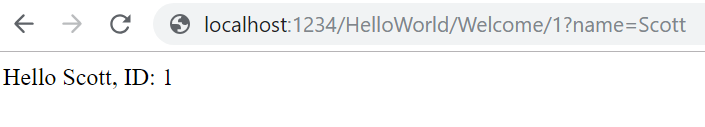 Screenshot that shows a browser window with the U R L local host colon 1 2 3 4 forward slash Hello World forward slash Welcome forward slash 1 question mark name equals scott. The text in the window is Hello Scott ID 1.