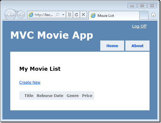 Screenshot that shows the My Movie List page on the M V C Movie App.