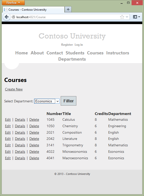 Screenshot that shows the Course Index page with the Economics Department selected.