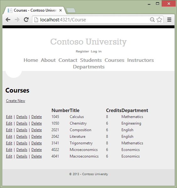 Screenshot that shows the Courses Index page. A list of courses is shown with the revised number of credits.