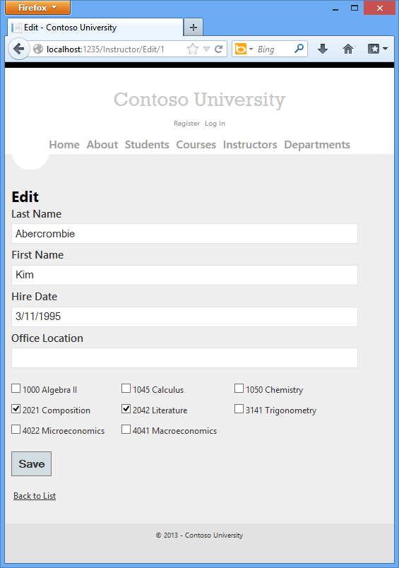 Screenshot that displays the Instructor Edit page.