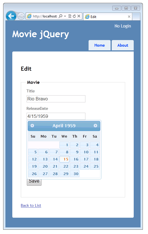 Screenshot of the Movie jQuery window showing the Edit view with a Title field and a Release Date field with a jQuery UI datepicker popup calendar.
