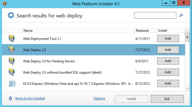 Screenshot of the Web Platform Installer 4 point 5 search results screen with the Web Deploy 3 point 0 option being highlighted.